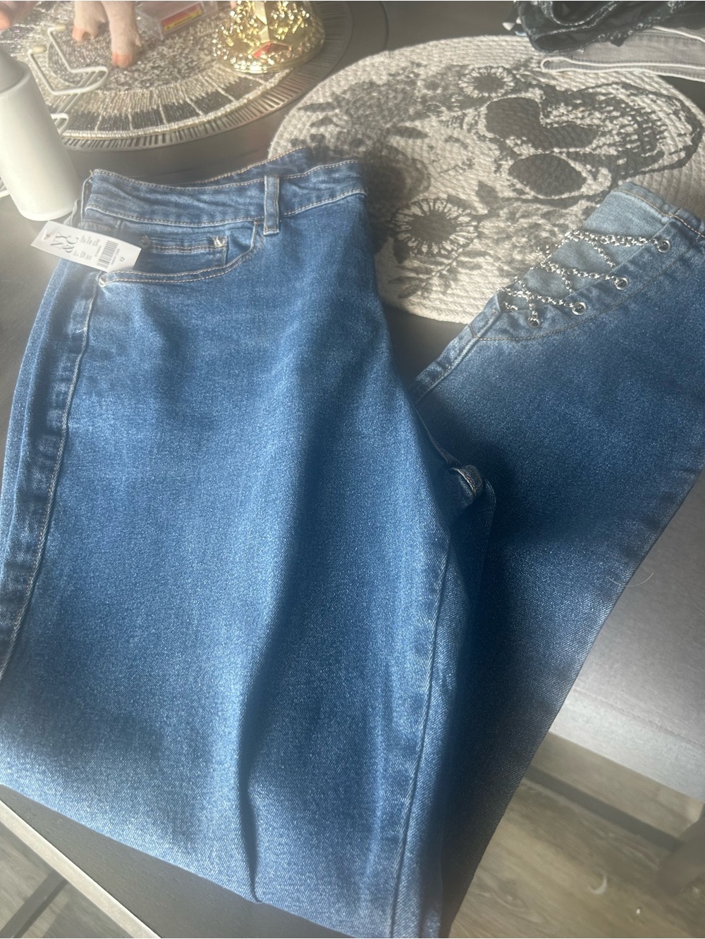 New York & Company Blue Skinny Jeans with Side Lace-Up Eyelets